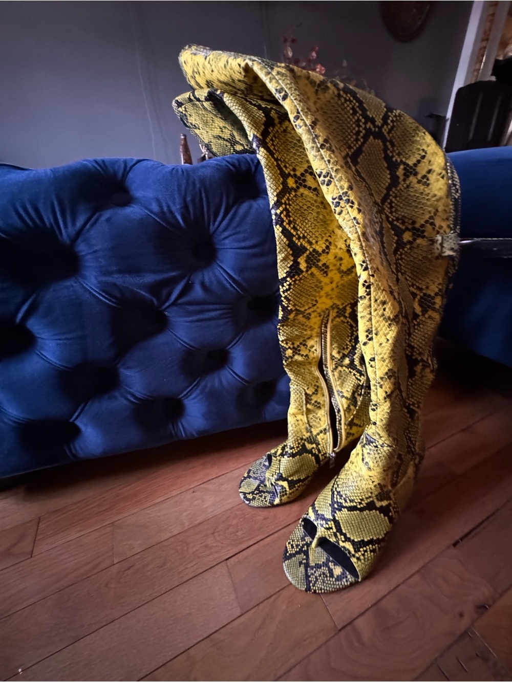 Yellow Snake-Print Open-Toe Heeled Boots - Picture 5 of 8
